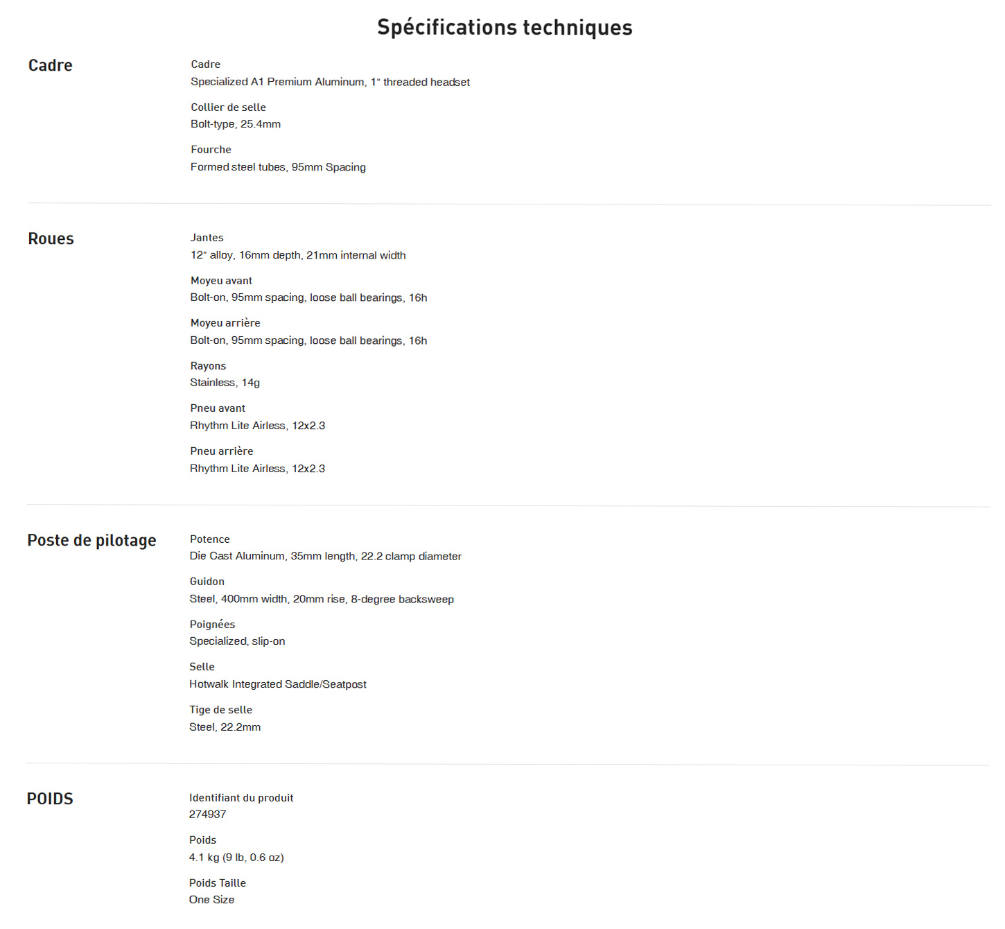 Caracteristique technique vélo Hotwalk année 2025